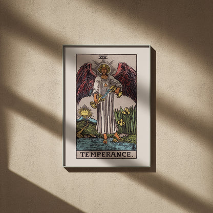 Arcanum XIV - Temperance - Rider-Waite-Smith Tarot Poster, framed poster on a beige wall, window shadows