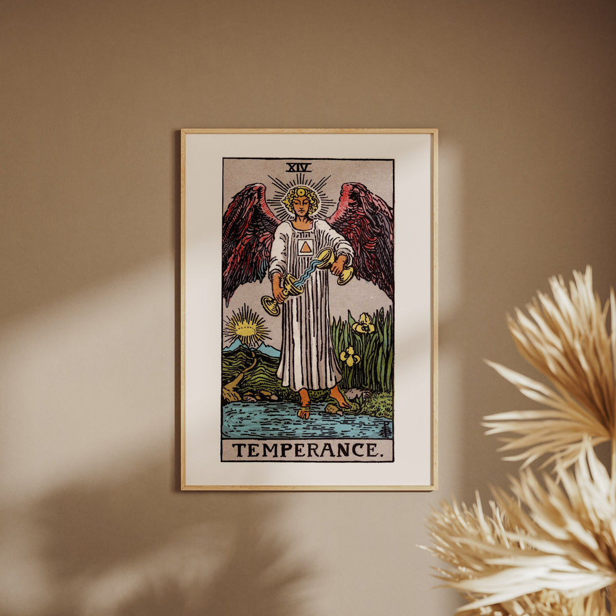 Arcanum XIV - Temperance - Rider-Waite-Smith Tarot Poster, framed poster on a beige wall, pampas grass in the foreground