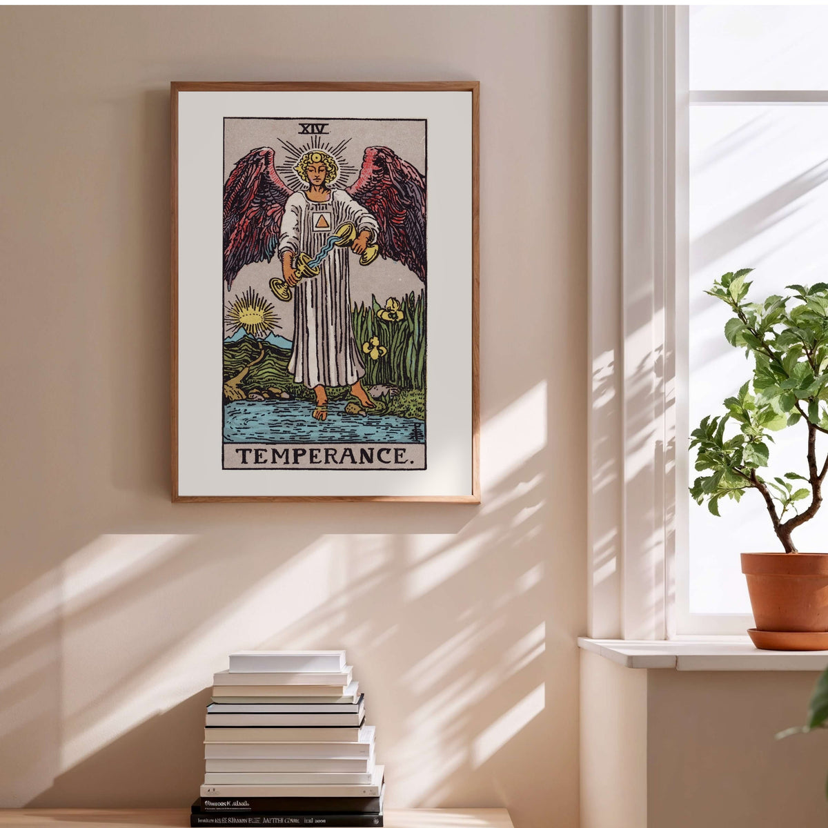 Arcanum XIV - Temperance - Rider-Waite-Smith Tarot Poster, framed poster above a stack of books