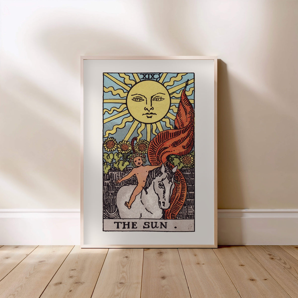 Arcanum XIX - The Sun - Rider-Waite-Smith Tarot Poster, framed poster standing on the floor, light wood frame