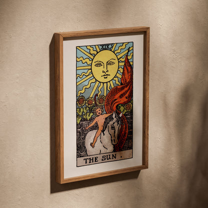 Arcanum XIX - The Sun - Rider-Waite-Smith Tarot Poster, poster in an oak frame leaning on a textured wall