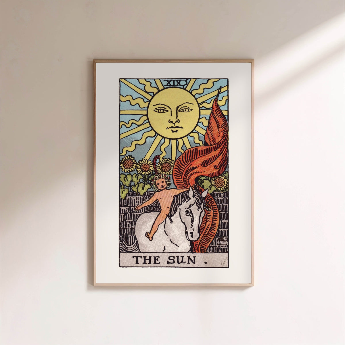 Arcanum XIX - The Sun - Rider-Waite-Smith Tarot Poster, framed poster on a light wall