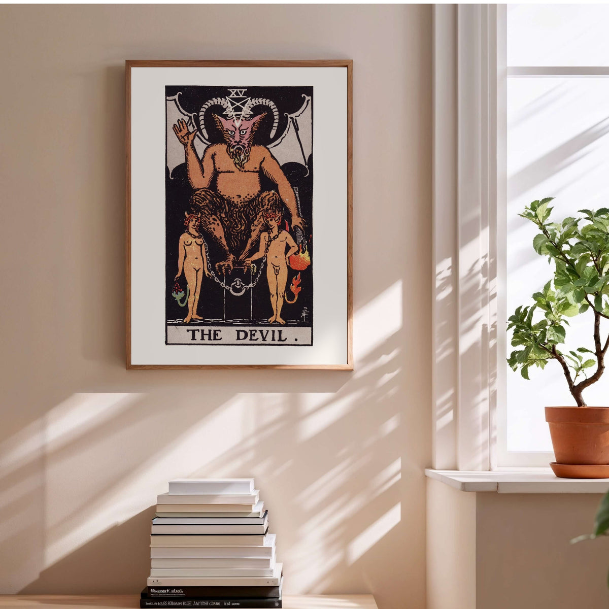 Arcana XV - The Devil - Rider-Waite-Smith Tarot Poster, framed poster above a stack of books