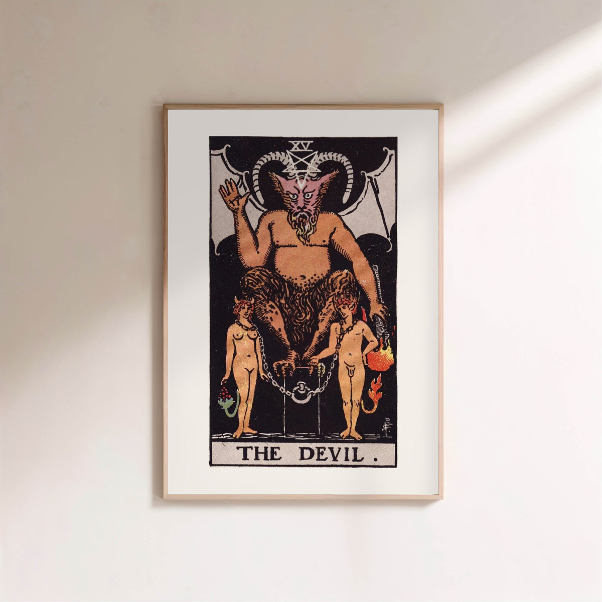 Arcana XV - The Devil - Rider-Waite-Smith Tarot Poster, framed poster on a light wall