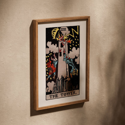 Arcanum XVI - The Tower - Rider-Waite-Smith Tarot Poster, poster in an oak frame leaning on a textured wall