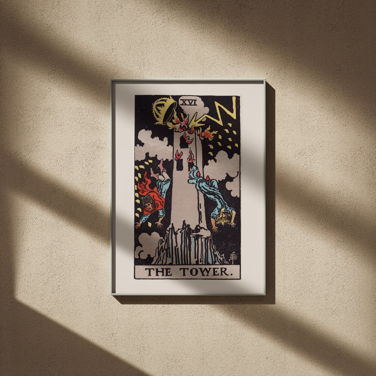 Arcanum XVI - The Tower - Rider-Waite-Smith Tarot Poster, framed poster on a beige wall, window shadows