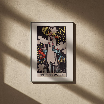 Arcanum XVI - The Tower - Rider-Waite-Smith Tarot Poster, framed poster on a beige wall, window shadows