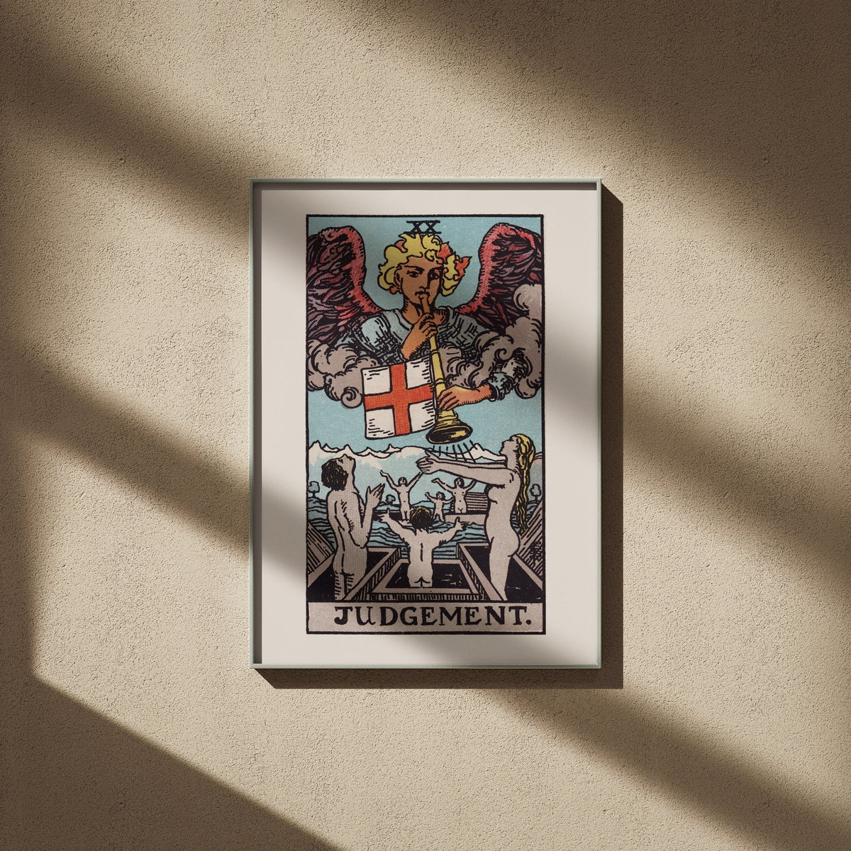 Arcanum XX - Judgement - Rider-Waite-Smith Tarot Poster, framed poster on a beige wall, window shadows