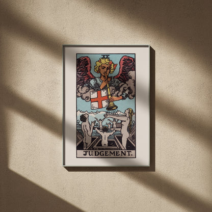 Arcanum XX - Judgement - Rider-Waite-Smith Tarot Poster, framed poster on a beige wall, window shadows