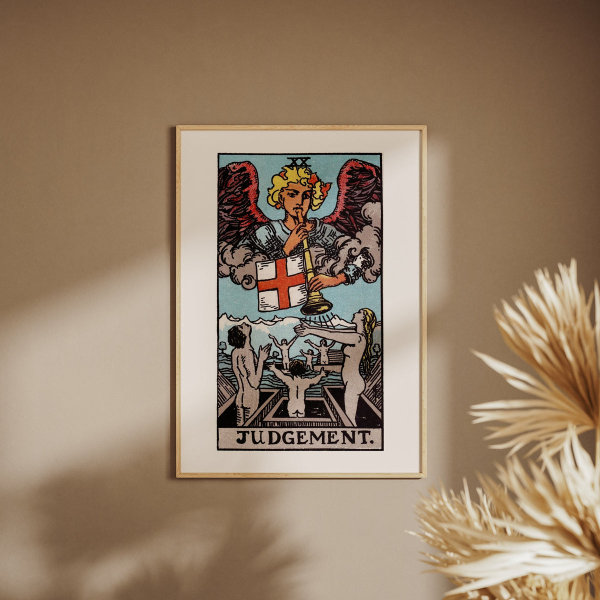 Arcanum XX - Judgement - Rider-Waite-Smith Tarot Poster, framed poster on a beige wall, pampas grass in the foreground