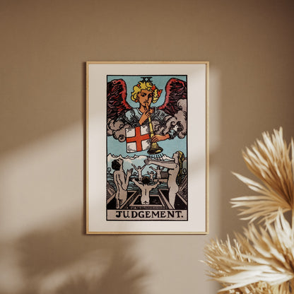Arcanum XX - Judgement - Rider-Waite-Smith Tarot Poster, framed poster on a beige wall, pampas grass in the foreground
