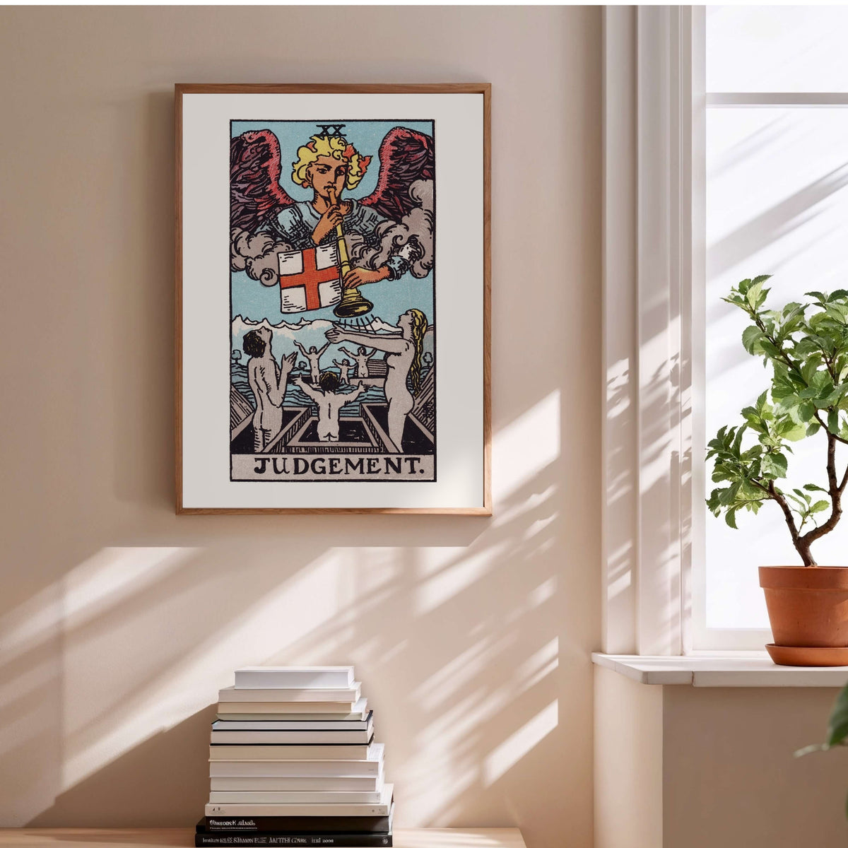 Arcanum XX - Judgement - Rider-Waite-Smith Tarot Poster, framed poster above a stack of books
