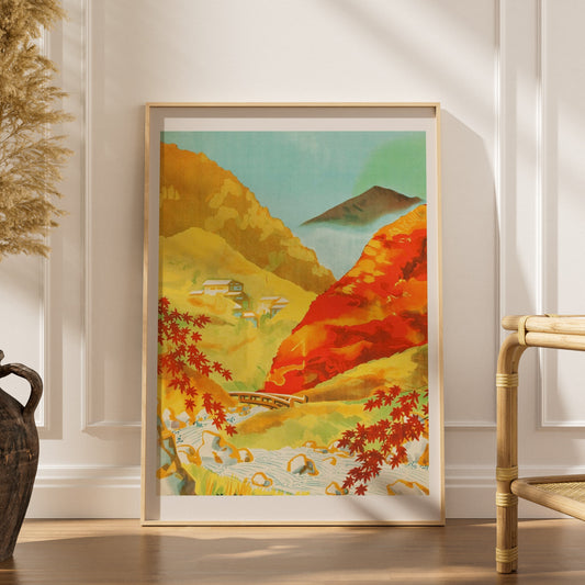 Automne à Yunoyama Onsen - Affiche Voyage Japon Vintage, affiche encadrée dans un intérieur élégant, herbes séchées et chaise