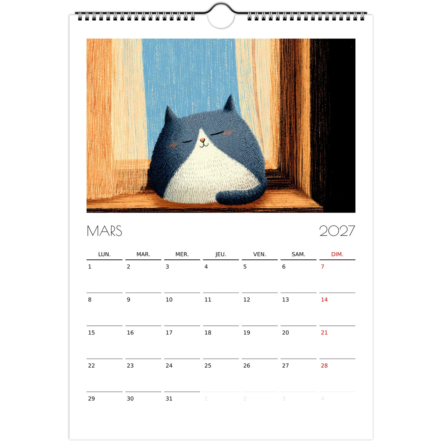 Mars 2027 du calendrier enfant, un chat endormi sur un rebord de fenêtre