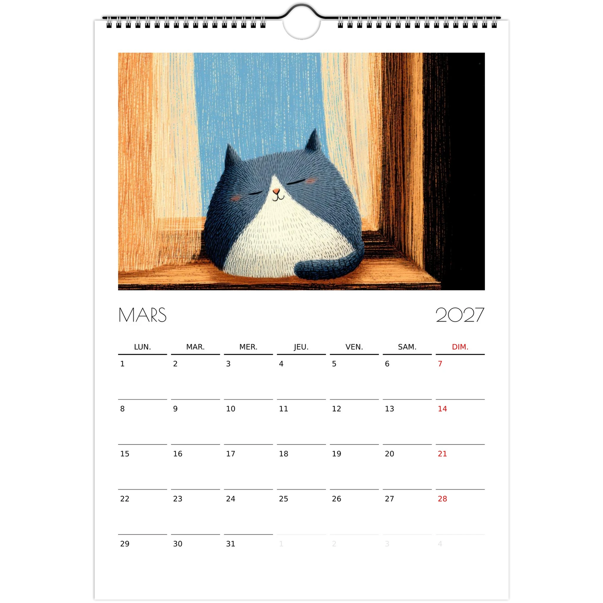 Mars 2027 du calendrier enfant, un chat endormi sur un rebord de fenêtre