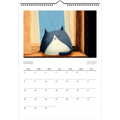Mars 2027 du calendrier enfant, un chat endormi sur un rebord de fenêtre