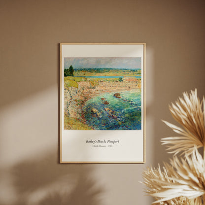 Bailey's Beach, Newport, Childe Hassam, affiche encadrée sur un mur beige, pampas au premier plan