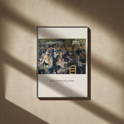 Bal du Moulin de la Galette, Renoir, affiche encadrée sur un mur beige, ombres de fenêtre
