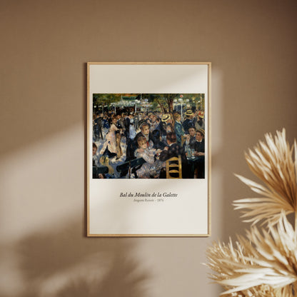 Bal du Moulin de la Galette, Renoir, affiche encadrée sur un mur beige, pampas au premier plan