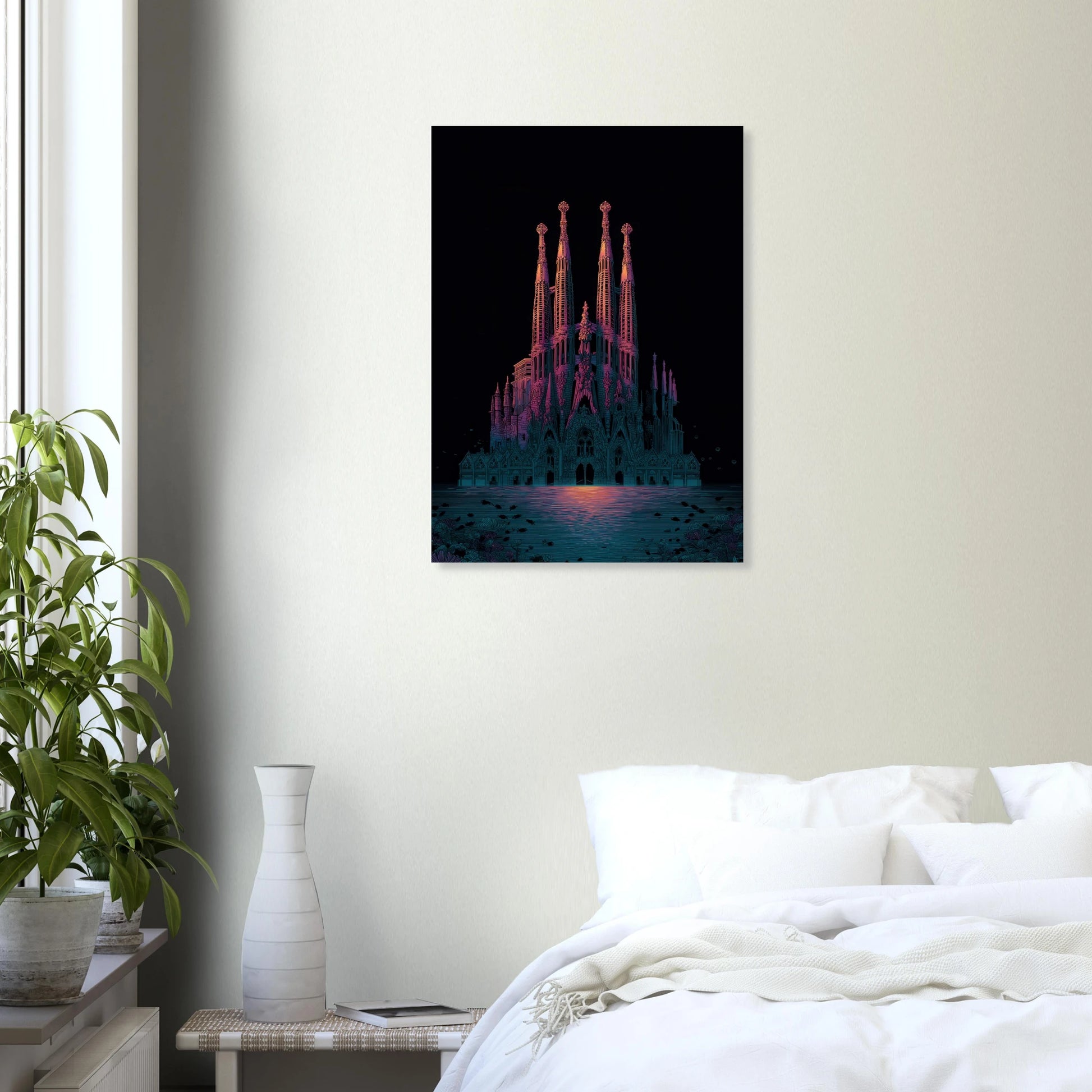 Affiche de l'iconique Sagrada Familia dans une Barcelone sous les eaux, style cyberpunk. Affiche de haute qualité.