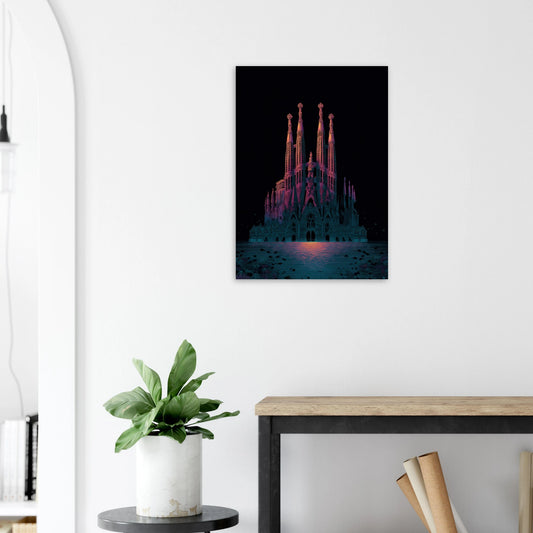 Affiche de l'iconique Barcelone sous les eaux, style néons. Affiche de haute qualité.