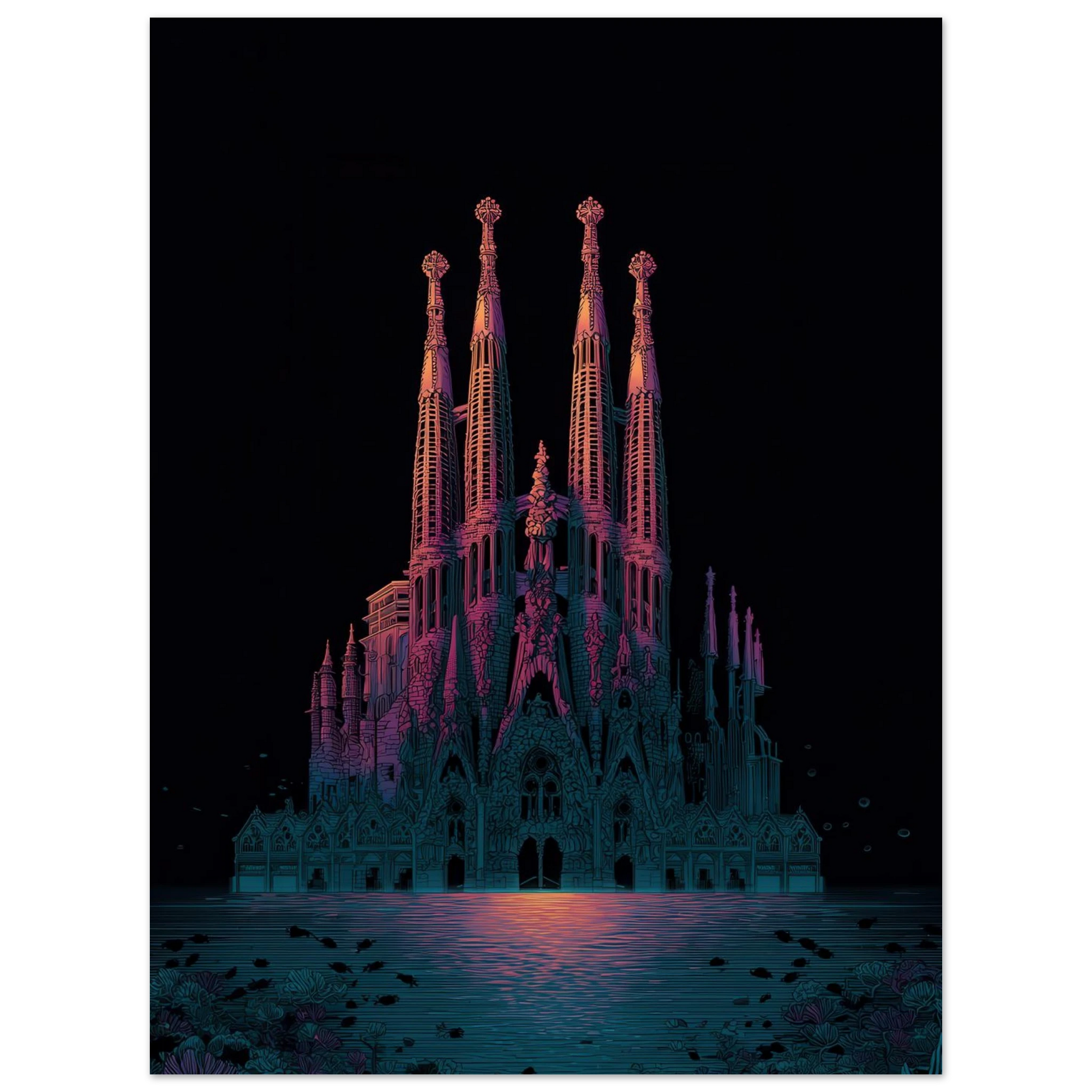 Zoom sur l'affiche de la Sagrada Famiia sous les eaux.