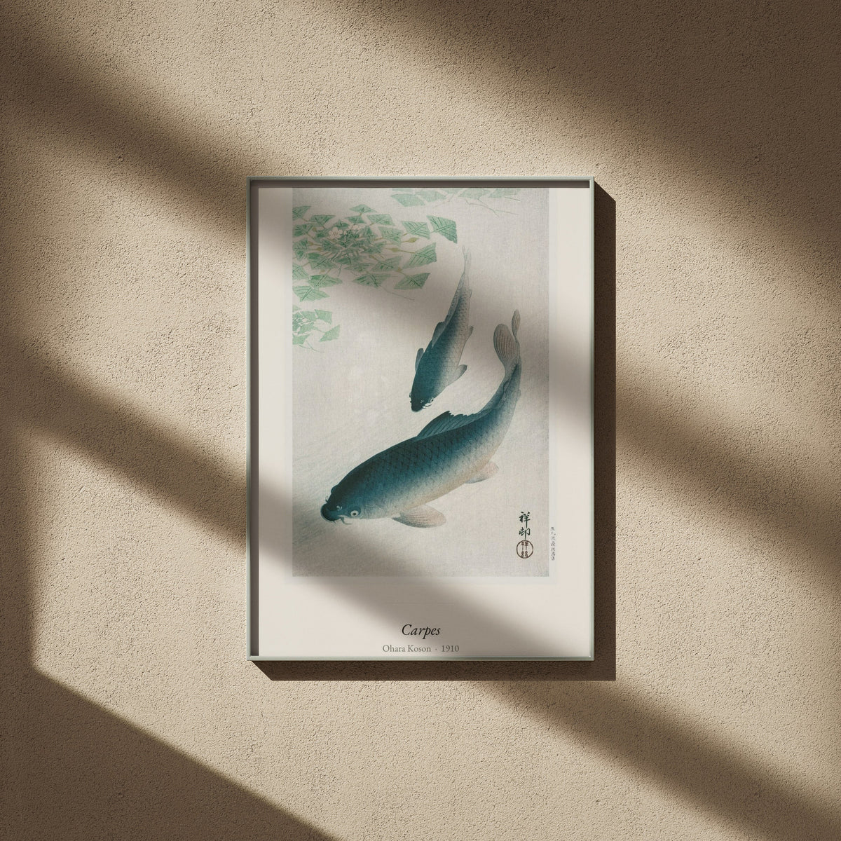 Carpes, Ohara Koson | Affiche Estampe Japonaise, affiche encadrée sur un mur beige, ombres de fenêtre
