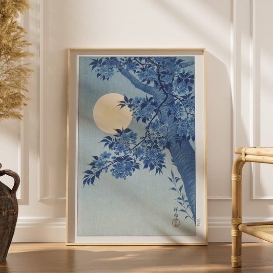 Cerisiers et Lune - Ohara Koson - Affiche Estampe Japonaise, affiche encadrée dans un intérieur élégant, herbes séchées et ch