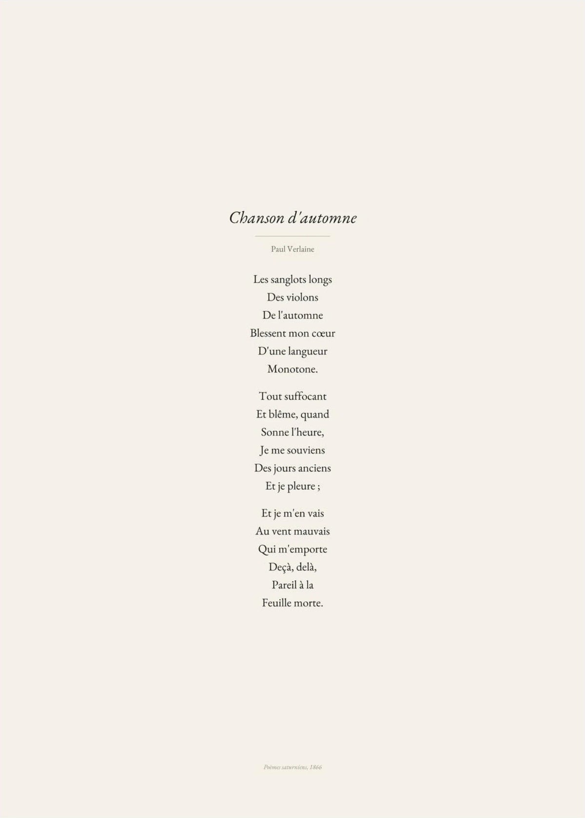 Chanson d'automne - Verlaine - Affiche Citation Poésie, l'affiche seule, papier épais mat éco-responsable