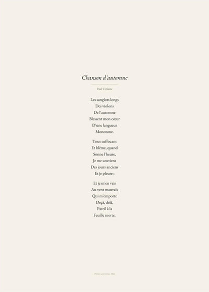 Chanson d'automne - Verlaine - Affiche Citation Poésie, l'affiche seule, papier épais mat éco-responsable
