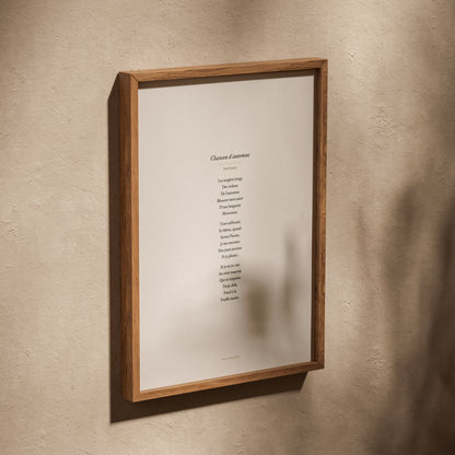 Chanson d'automne - Verlaine - Affiche Citation Poésie, affiche dans un cadre en chêne posé de biais sur un mur texturé