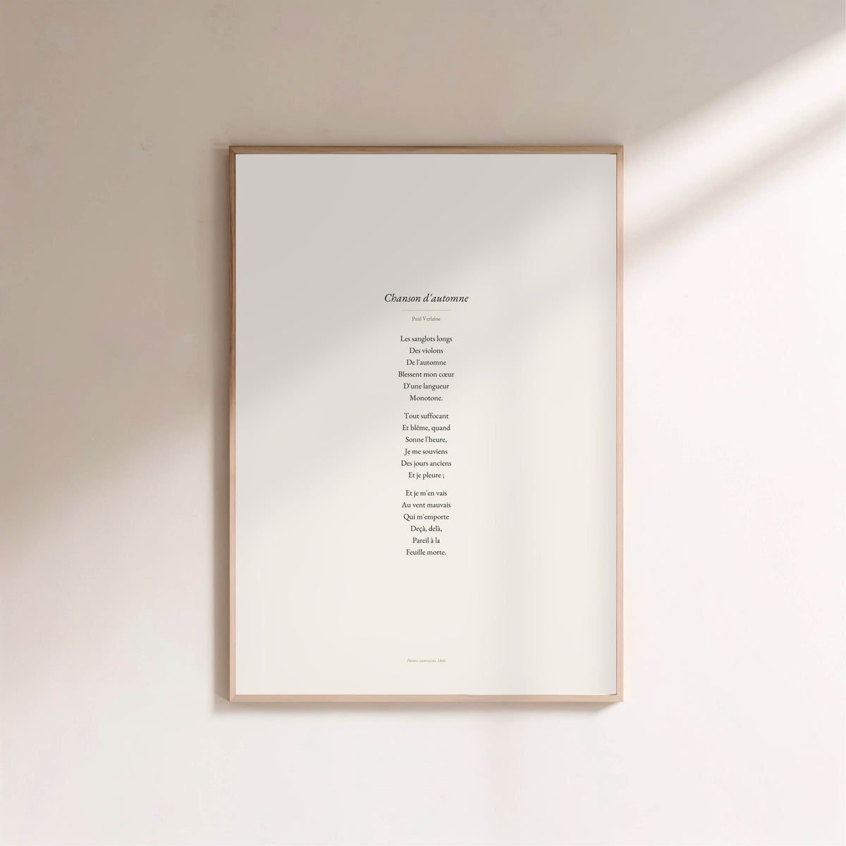 Chanson d'automne - Verlaine - Affiche Citation Poésie, affiche encadrée sur un mur clair