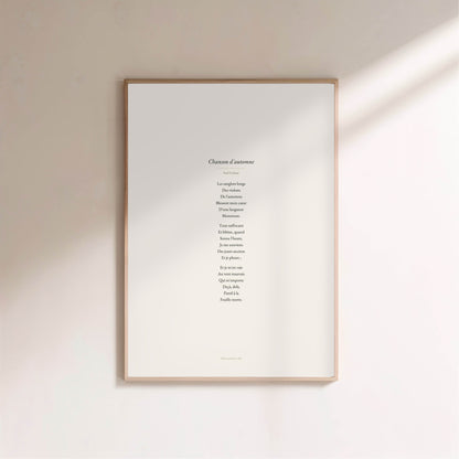 Chanson d'automne - Verlaine - Affiche Citation Poésie, affiche encadrée sur un mur clair