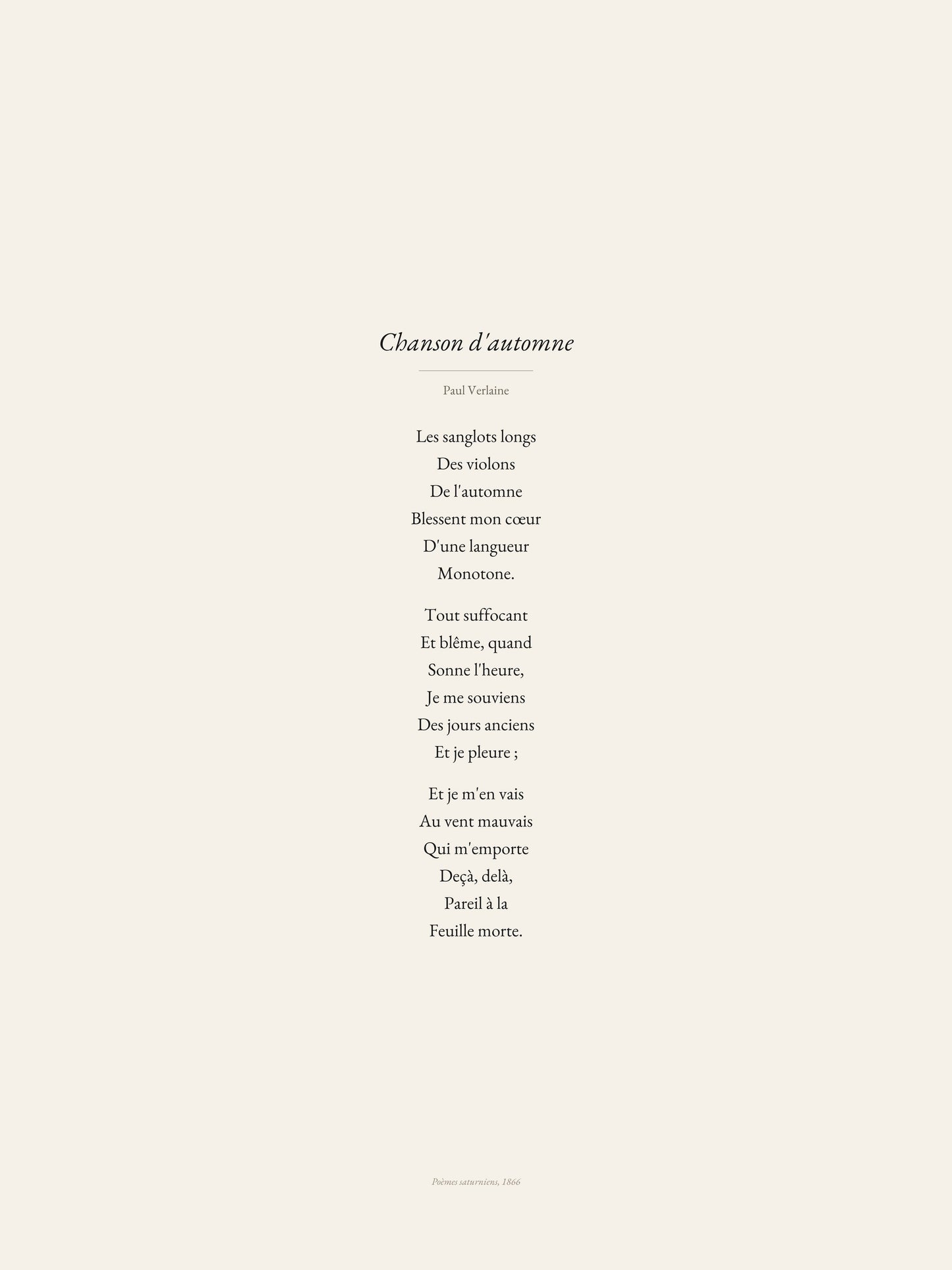 Chanson d'automne, Paul Verlaine | Affiche Poétique Premium | Heure d'Été Studio