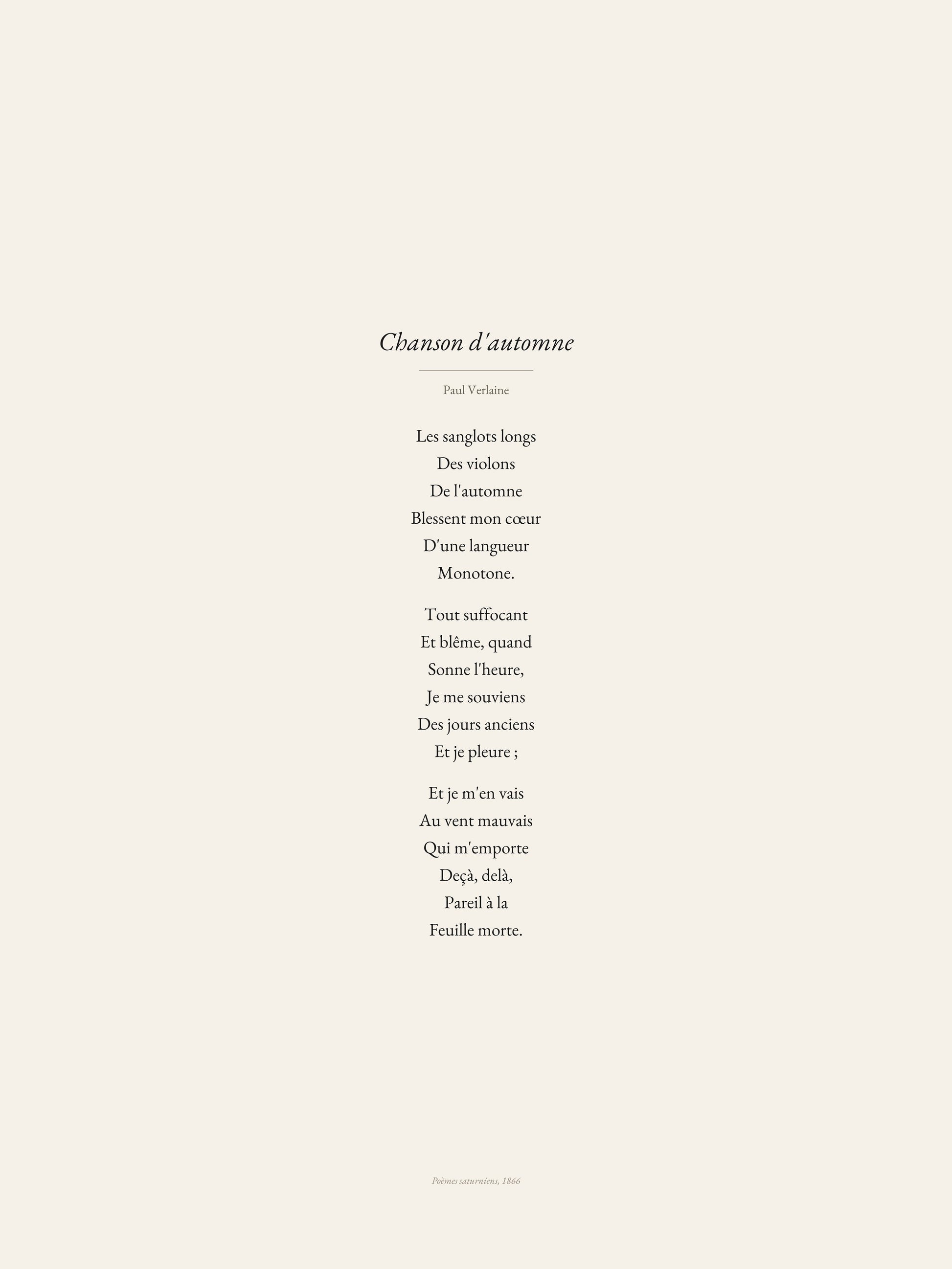 Chanson d'automne, Paul Verlaine | Affiche Poétique Premium | Heure d'Été Studio