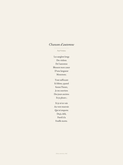 Chanson d'automne, Paul Verlaine | Affiche Poétique Premium | Heure d'Été Studio