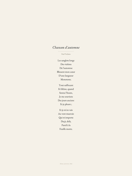 Chanson d'automne, Paul Verlaine | Affiche Poétique Premium | Heure d'Été Studio