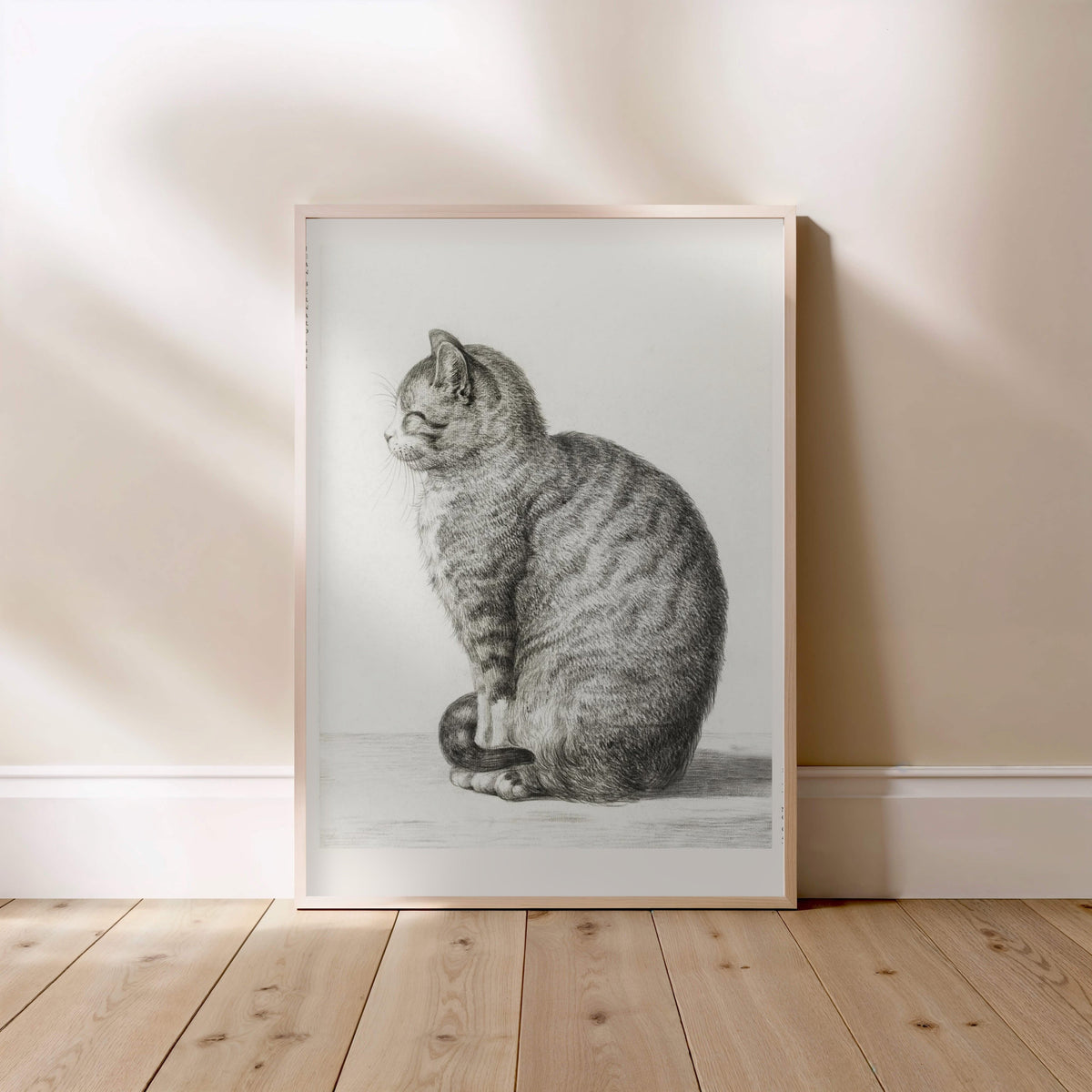 Chat Assis - Jean Bernard - Affiche Art Animalier, affiche encadrée posée au sol, cadre bois clair