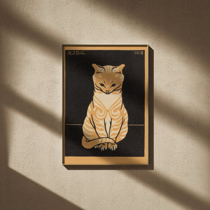 Chat Assis - Julie de Graag - Affiche Art Animalier, affiche encadrée sur un mur beige, ombres de fenêtre