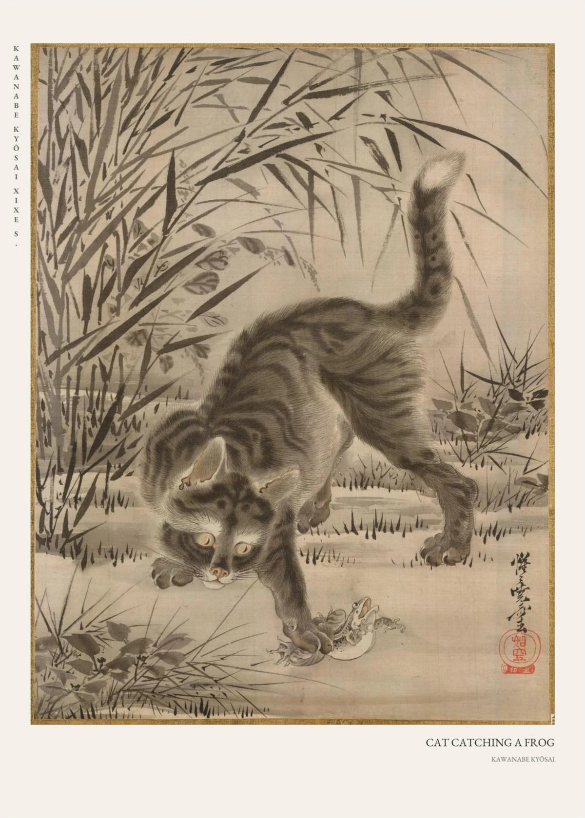Chat et Grenouille - Kawanabe Kyōsai - Affiche Japonaise, l'affiche seule, papier épais mat éco-responsable