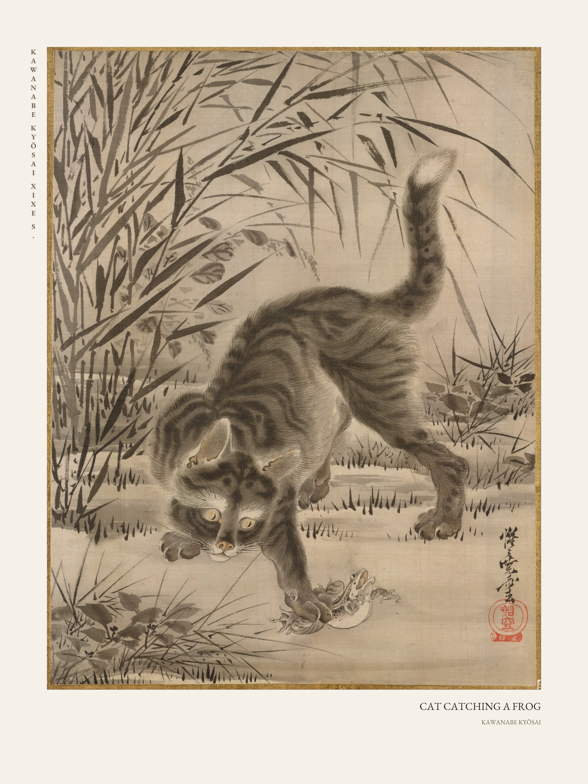 Chat Attrapant une Grenouille - Kawanabe Kyōsai - Estampe Japonaise