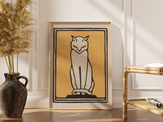 Chat Blanc sur Fond Jaune - Julie de Graag - Affiche Art Animalier, affiche encadrée dans un intérieur élégant, cadre bois cl