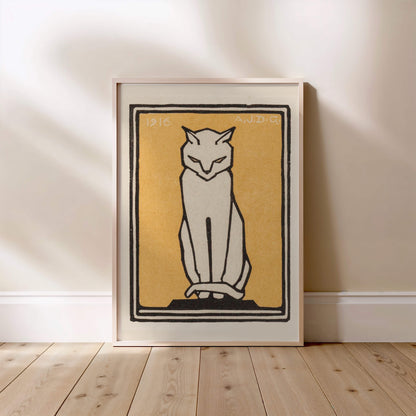 Chat Blanc sur Fond Jaune - Julie de Graag - Affiche Art Animalier