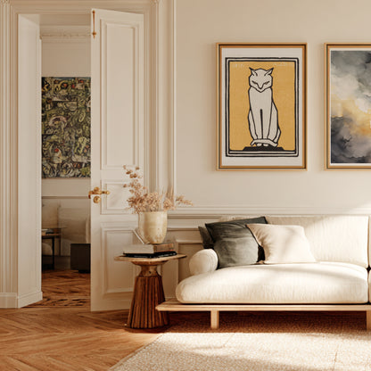 Chat Blanc sur Fond Jaune - Julie de Graag - Affiche Art Animalier en situation