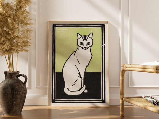 Chat Blanc sur Fond Vert - Julie de Graag - Affiche Art Animalier, affiche encadrée dans un intérieur élégant, cadre bois cla