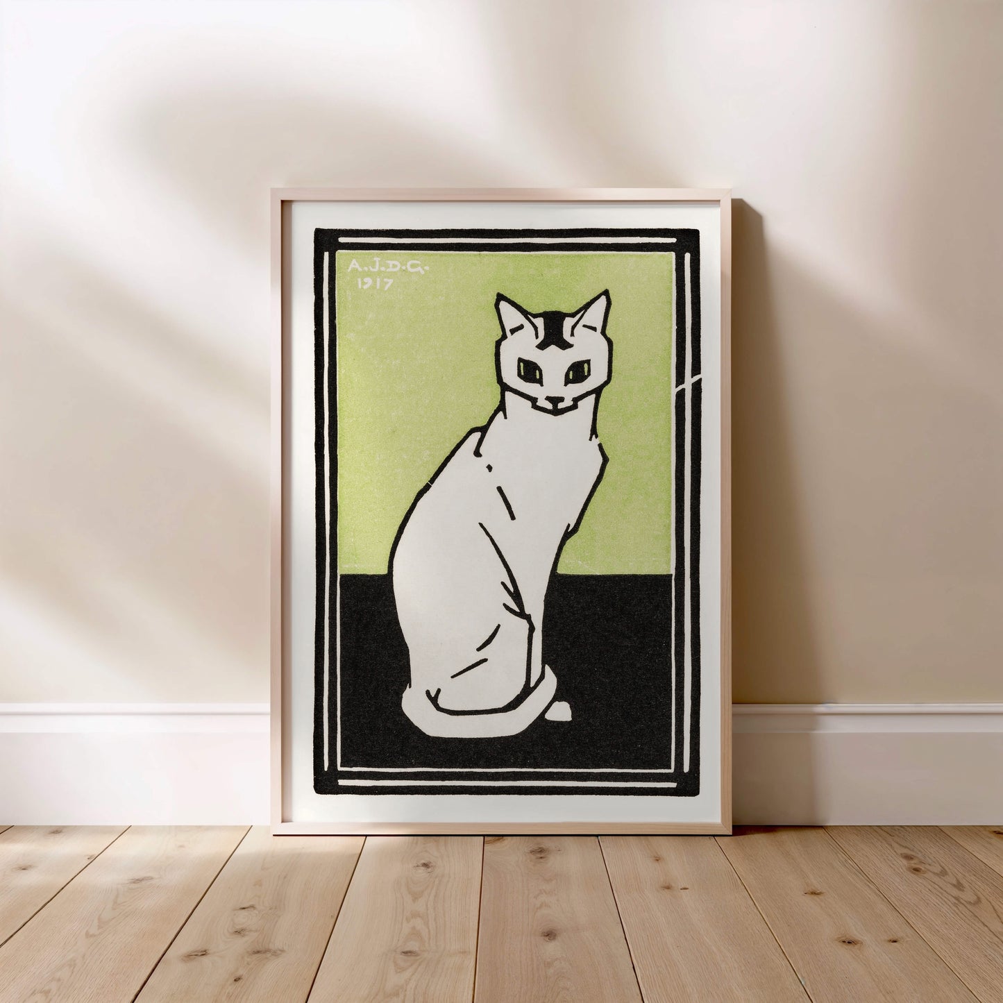 Chat Blanc sur Fond Vert - Julie de Graag - Affiche Art Animalier