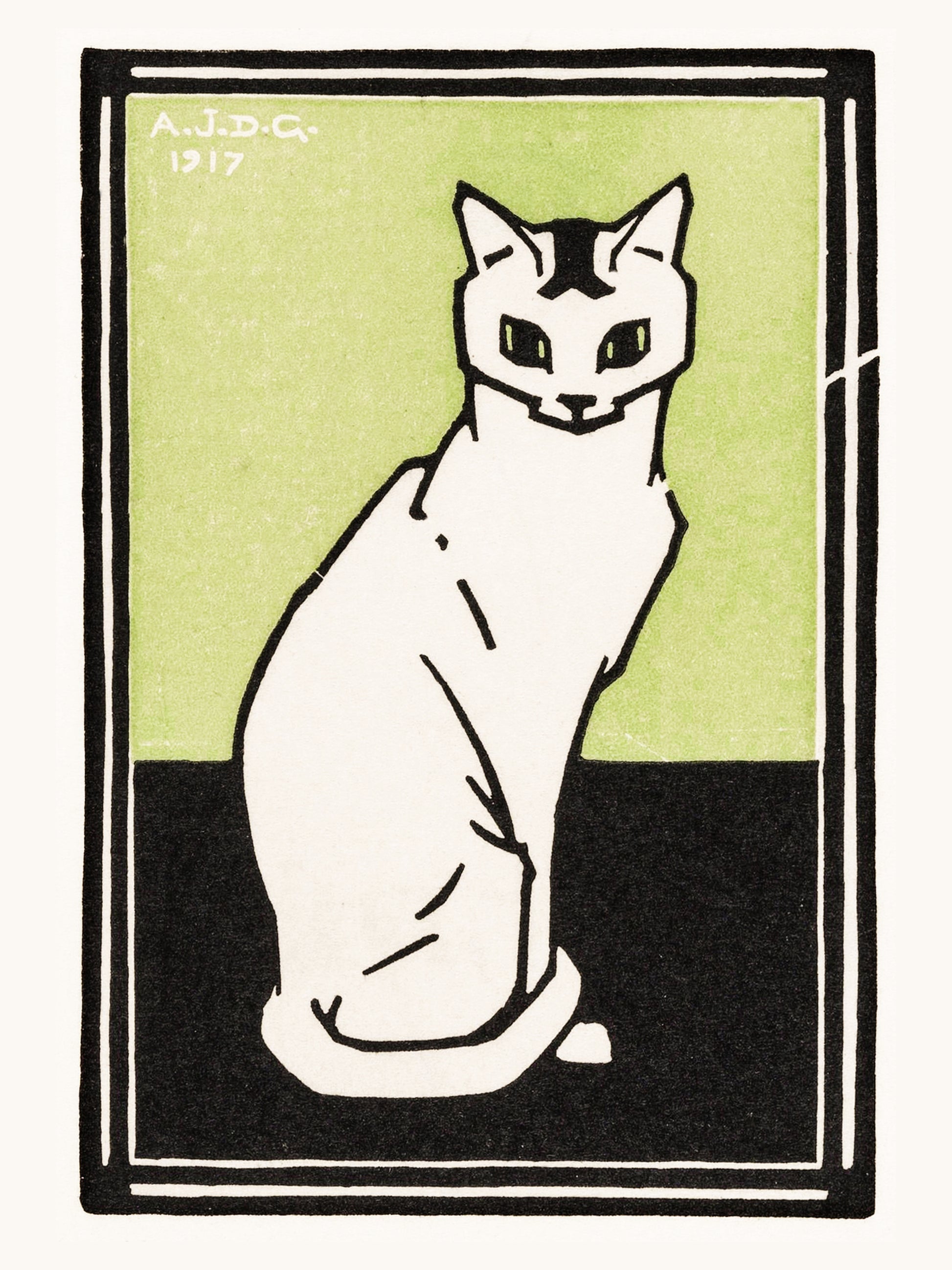 Chat Blanc sur Fond Vert - Julie de Graag - Affiche Art Animalier