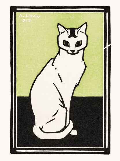 Chat Blanc sur Fond Vert - Julie de Graag - Affiche Art Animalier