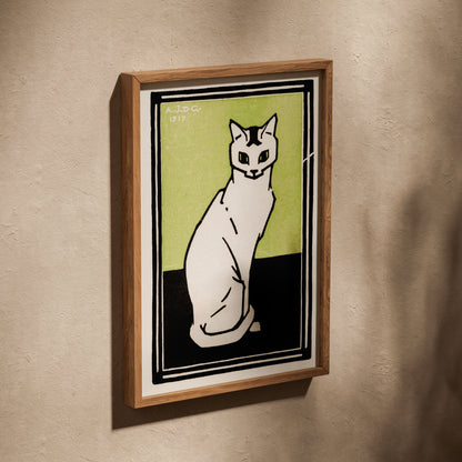 Chat Blanc - Julie de Graag - Affiche Illustration Animaux, affiche dans un cadre en chêne posé de biais sur un mur texturé