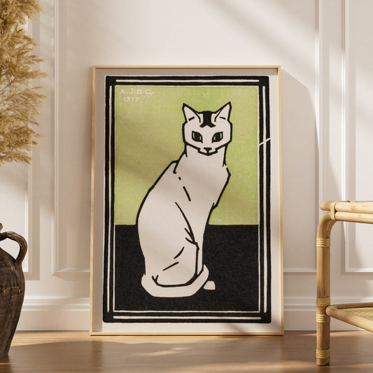 Chat Blanc - Julie de Graag - Affiche Illustration Animaux, affiche encadrée dans un intérieur élégant, herbes séchées et cha
